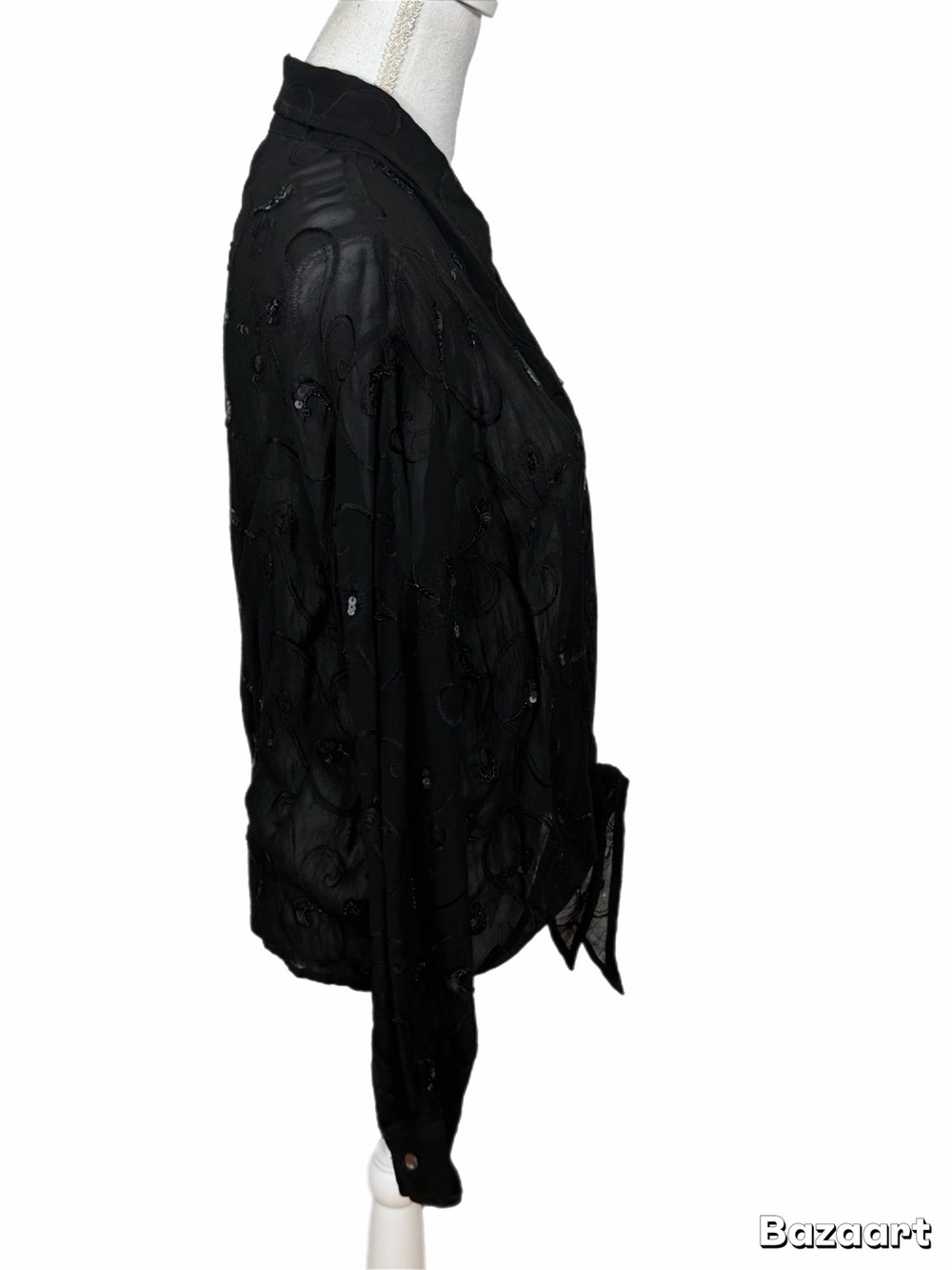 Chicos Sheer Sequin Tie Front Blouse Black Long Sleeve Women’s Size 3 (XL-16) - Picture 3 of 6